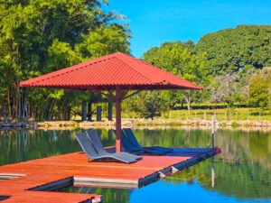 cadeiras de descanso com cobertura em meio a um lago de fazenda