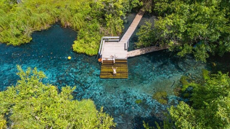 Qual a diferença entre flutuação e cachoeira em Bonito? 7 Descubra a diferença entre flutuação e cachoeira. Pessoas relaxando em um lago azul.