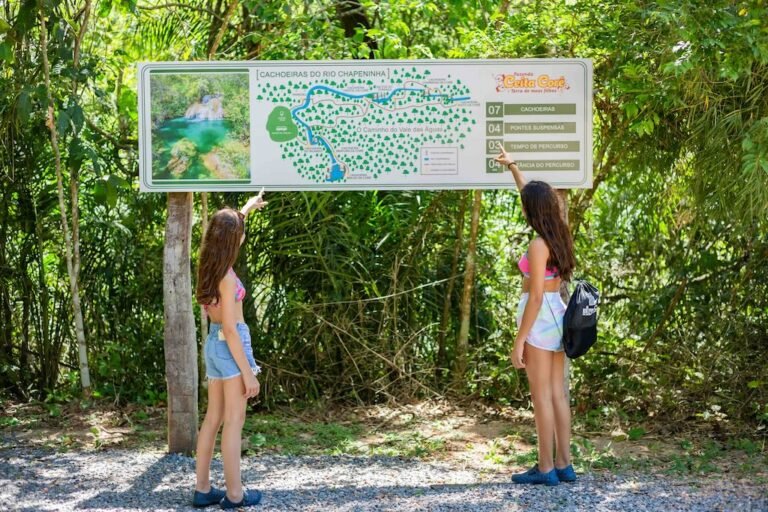 Meninas olhando mapa de cachoeiras do passeio da Fazenda Ceita Corê